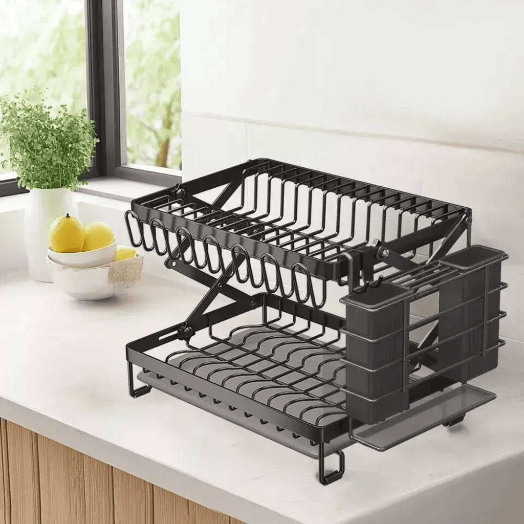 Multifunctional Foldable Carbon Steel Double-Layer Dish Drying Rack (40cm)