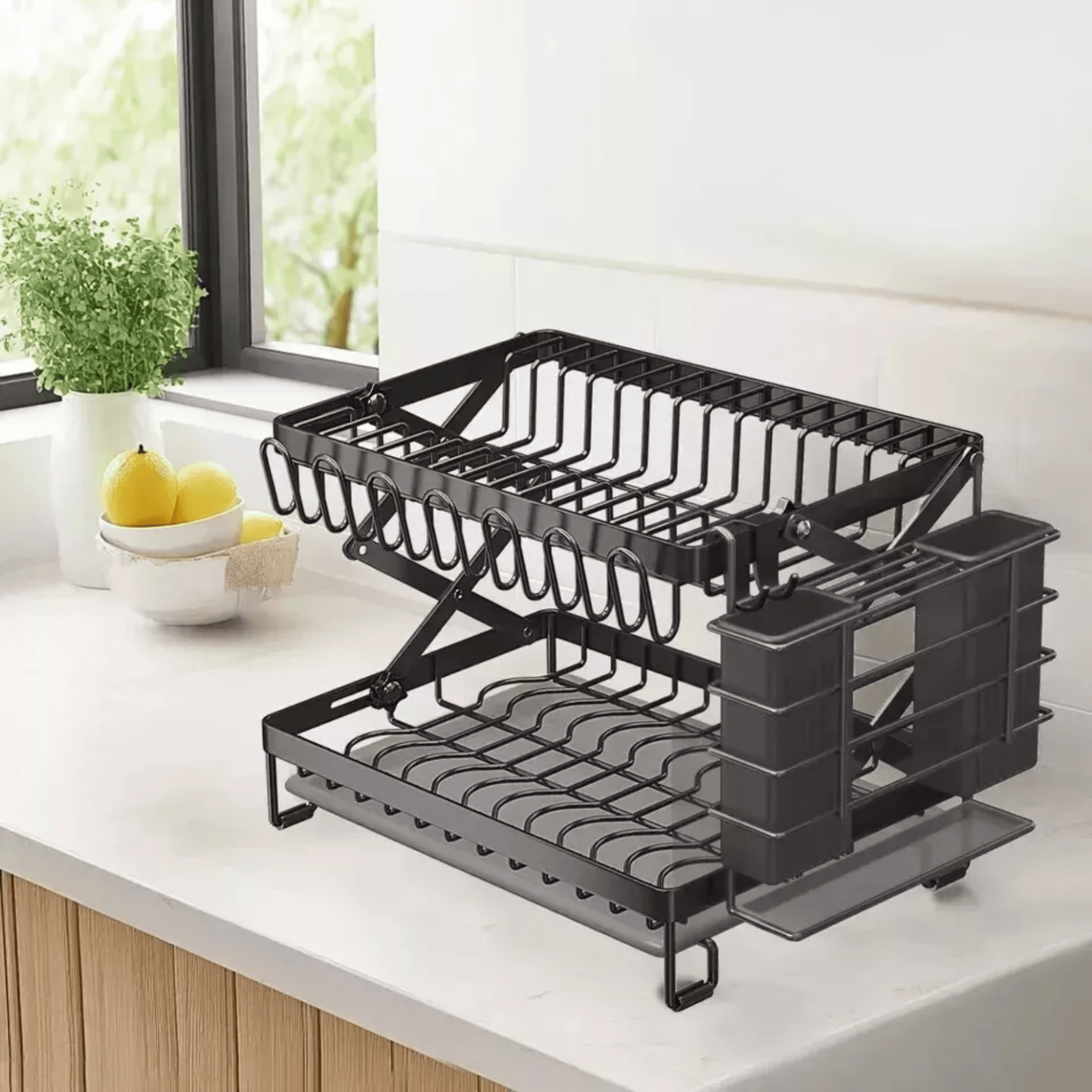 Multifunctional Foldable Carbon Steel Double-Layer Dish Drying Rack (40cm)