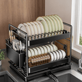Multifunctional Carbon Steel Double Layer Dish Storage Rack with Cutlery Holder(40cm)