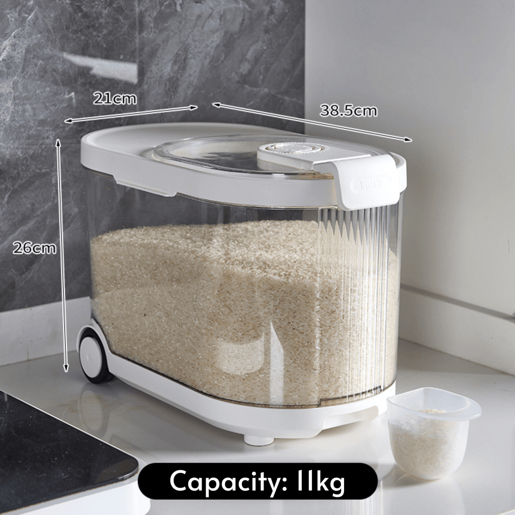 Sealed Rice Storage Container with Measuring Cup & Wheels (11Kg)