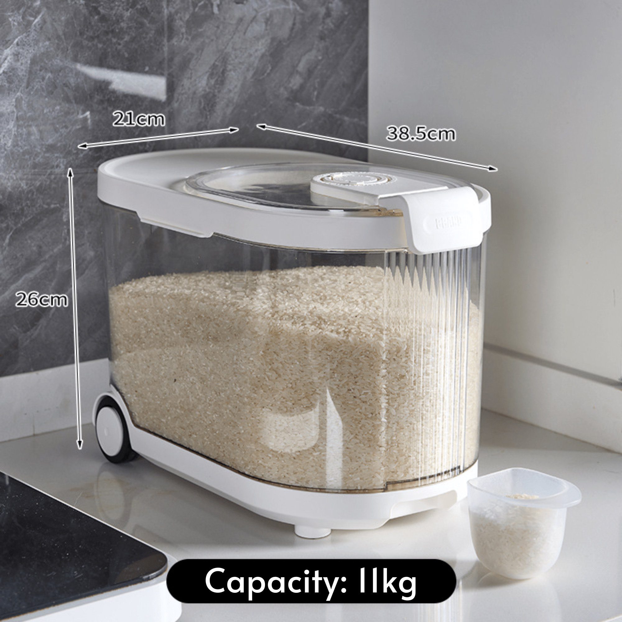 Sealed Rice Storage Container with Measuring Cup & Wheels (11Kg)