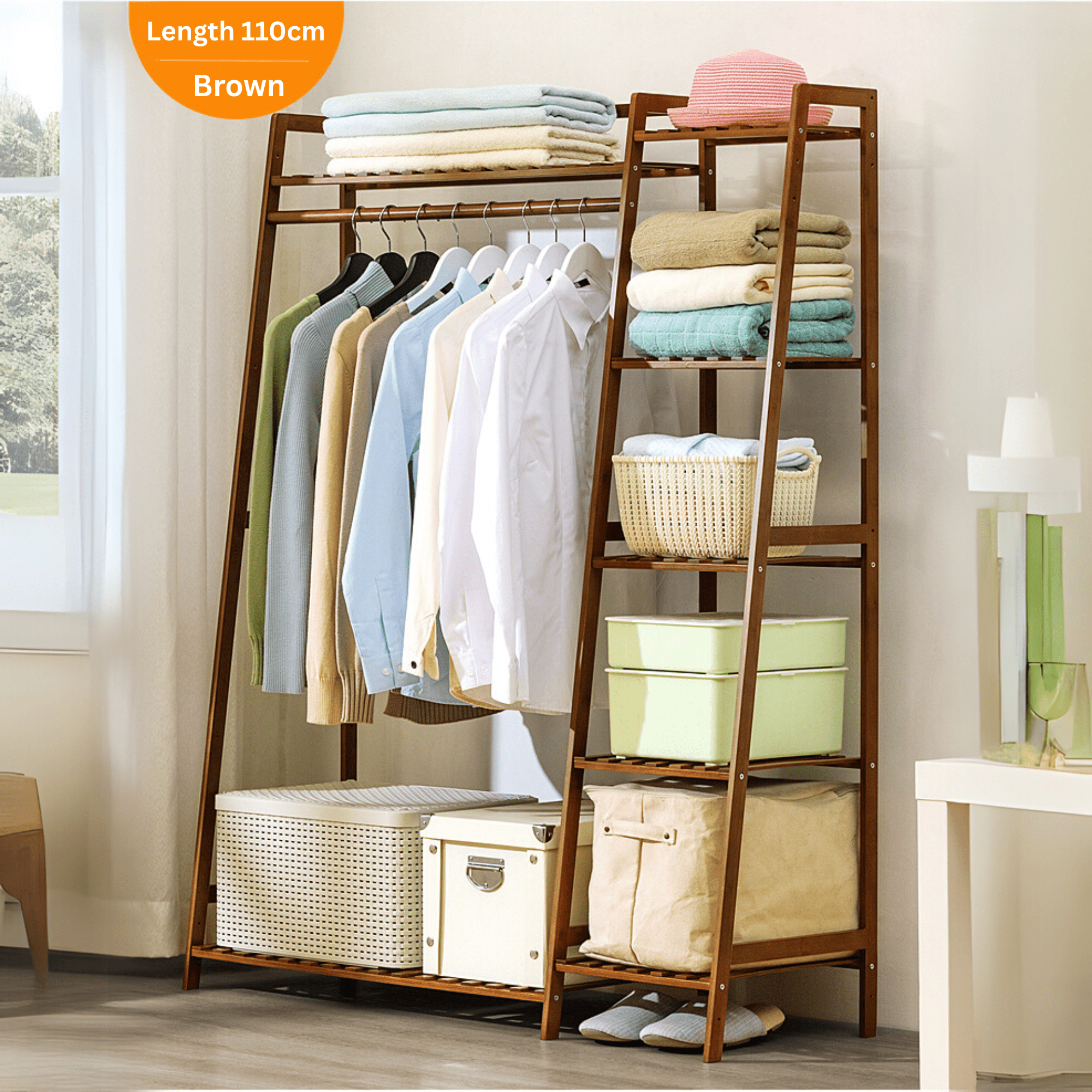 Multi-Functional Bamboo Clothing Rack with Shelves and Hanging Rod (110cm)