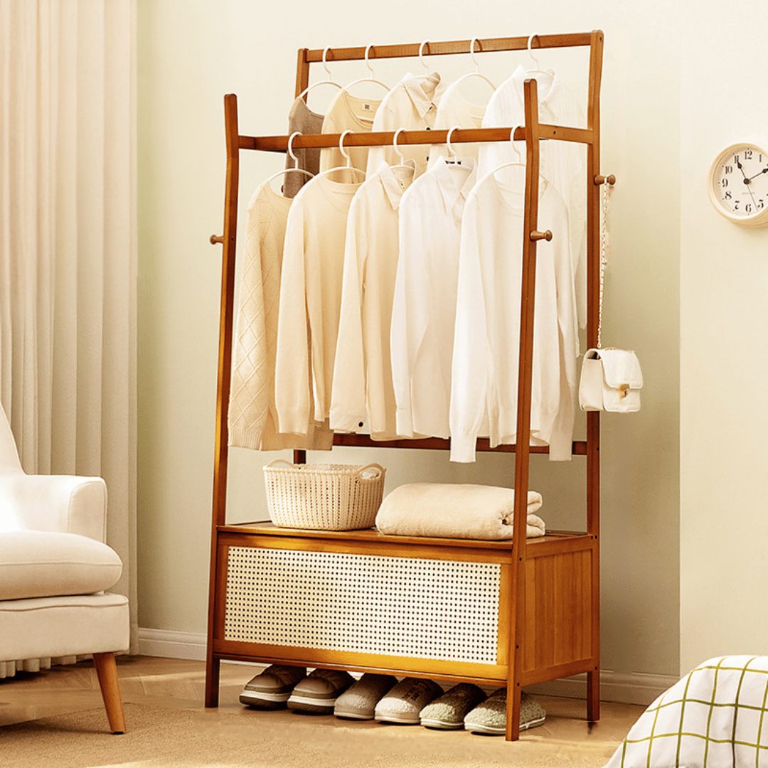 Multifunctional Double-Pole Bamboo Wood Storage Rack (90cm)