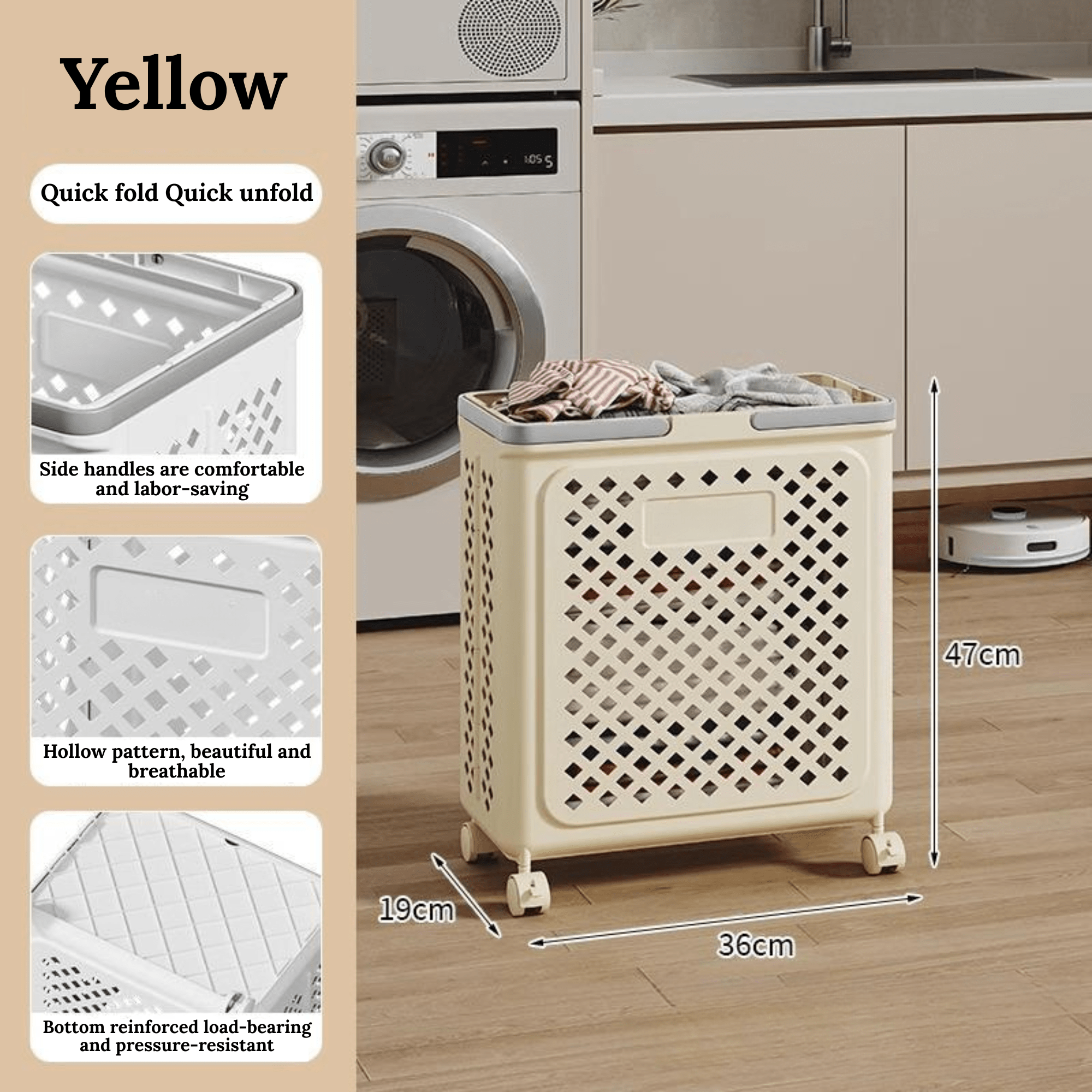 Multi-Purpose Plastic Foldable Laundry Basket with 360° Wheels