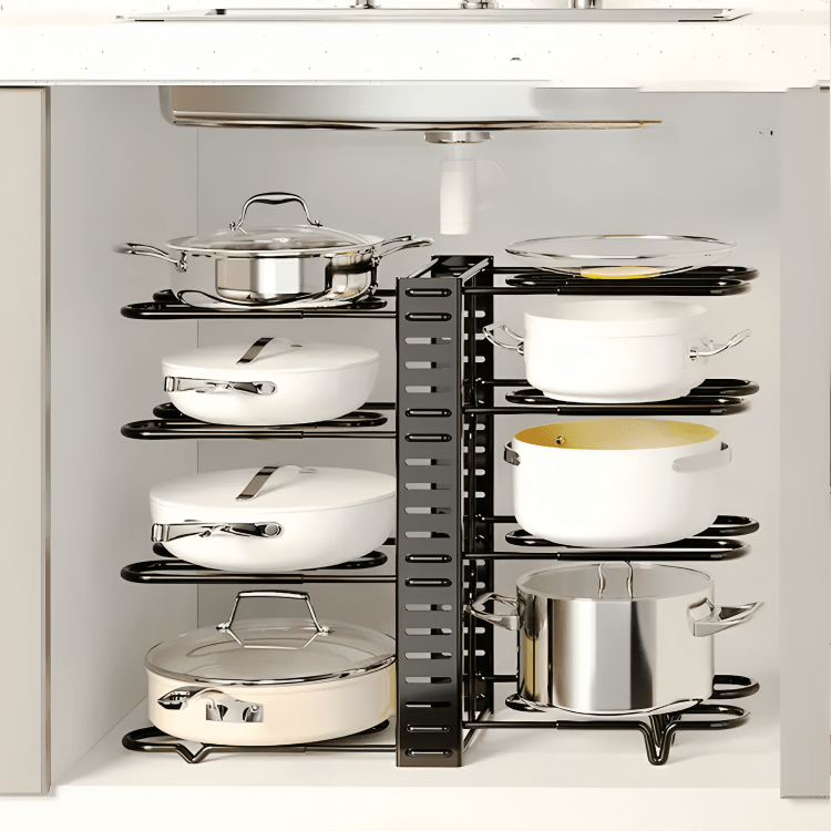 Premium Iron Cookware Organizer with 8 Adjustable Racks