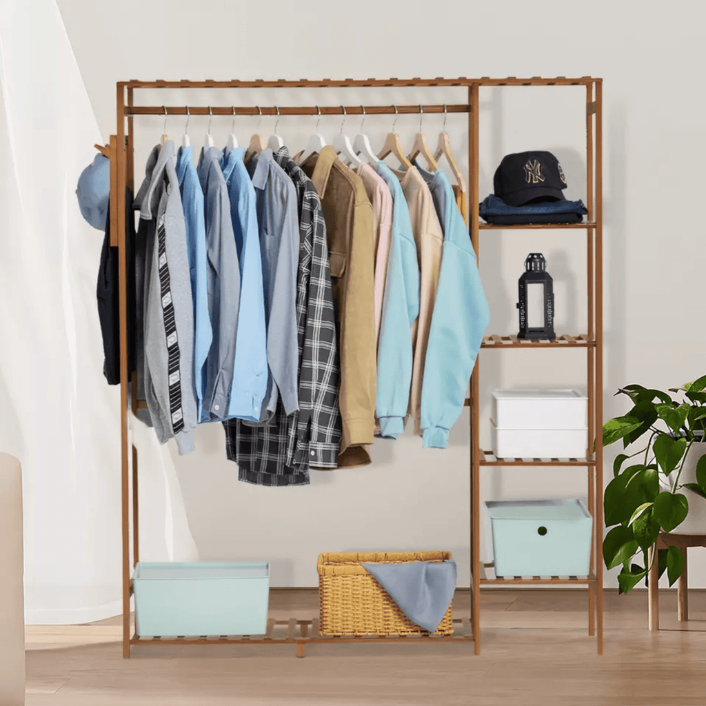 Multi-Functional Bamboo Clothes Rack with Hooks & Pants Storage (123cm)