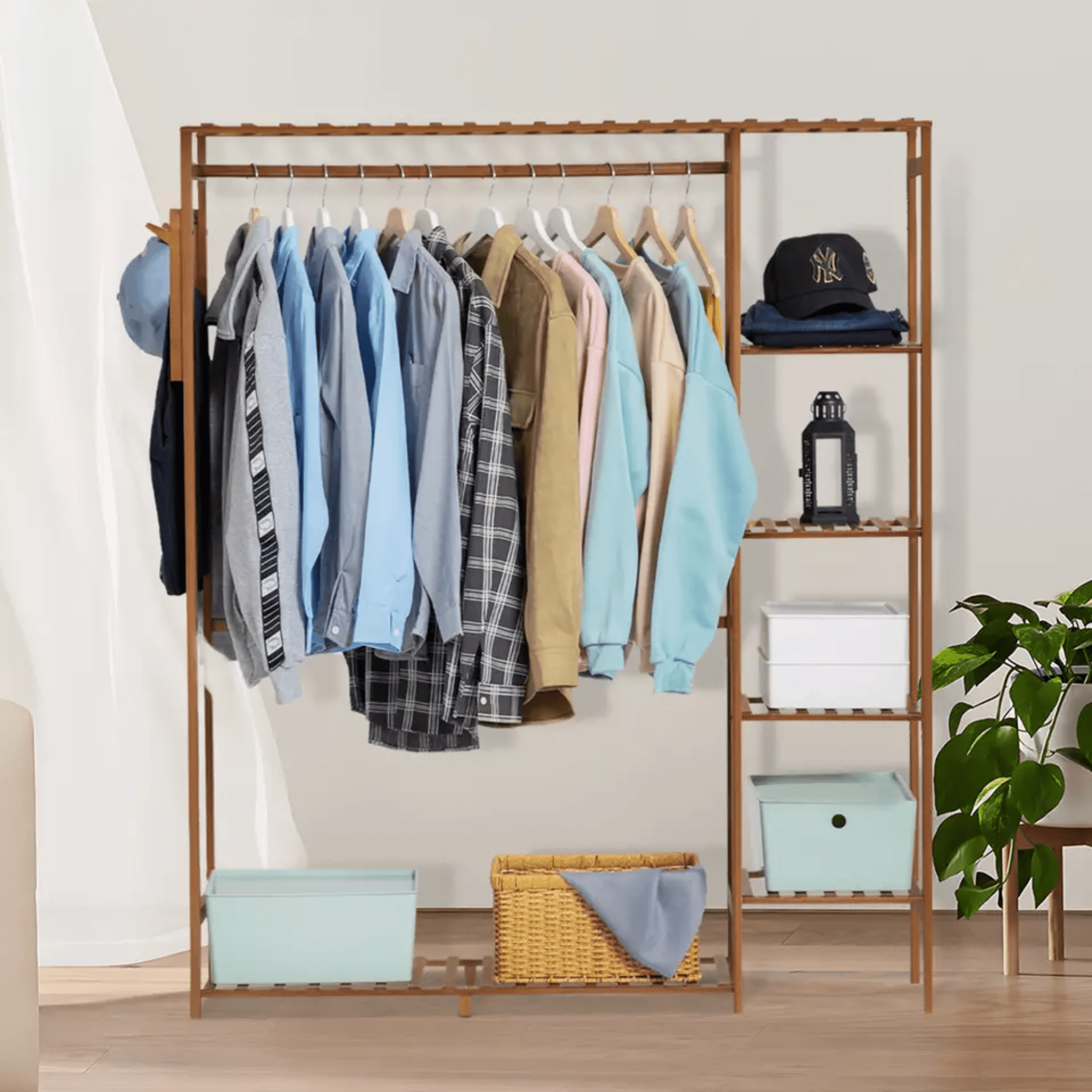 Multi-Functional Bamboo Clothes Rack with Hooks & Pants Storage (123cm)