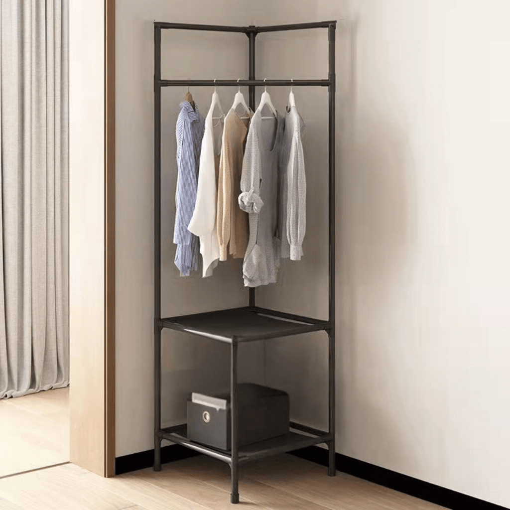 Multi-Functional Space Saving Corner Coat Rack with Shelf Storage