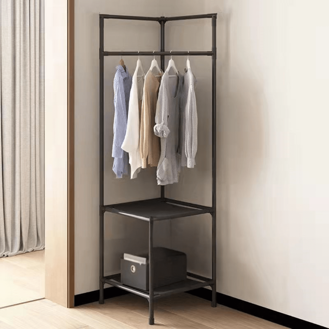 Multi-Functional Space Saving Corner Coat Rack with Shelf Storage