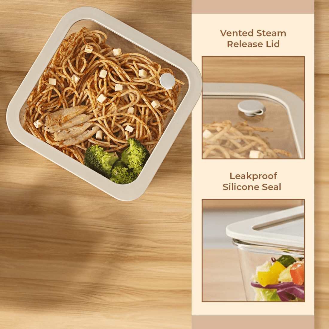 Square Borosilicate Glass Food Container with Vented Lid