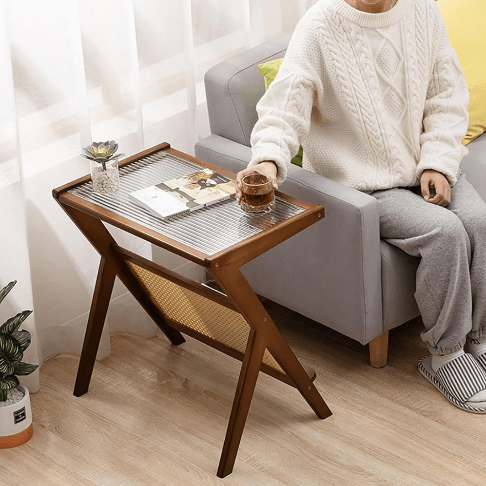 Modern Bamboo Side Table with Glass & Storage Shelf (Brown-55cm)