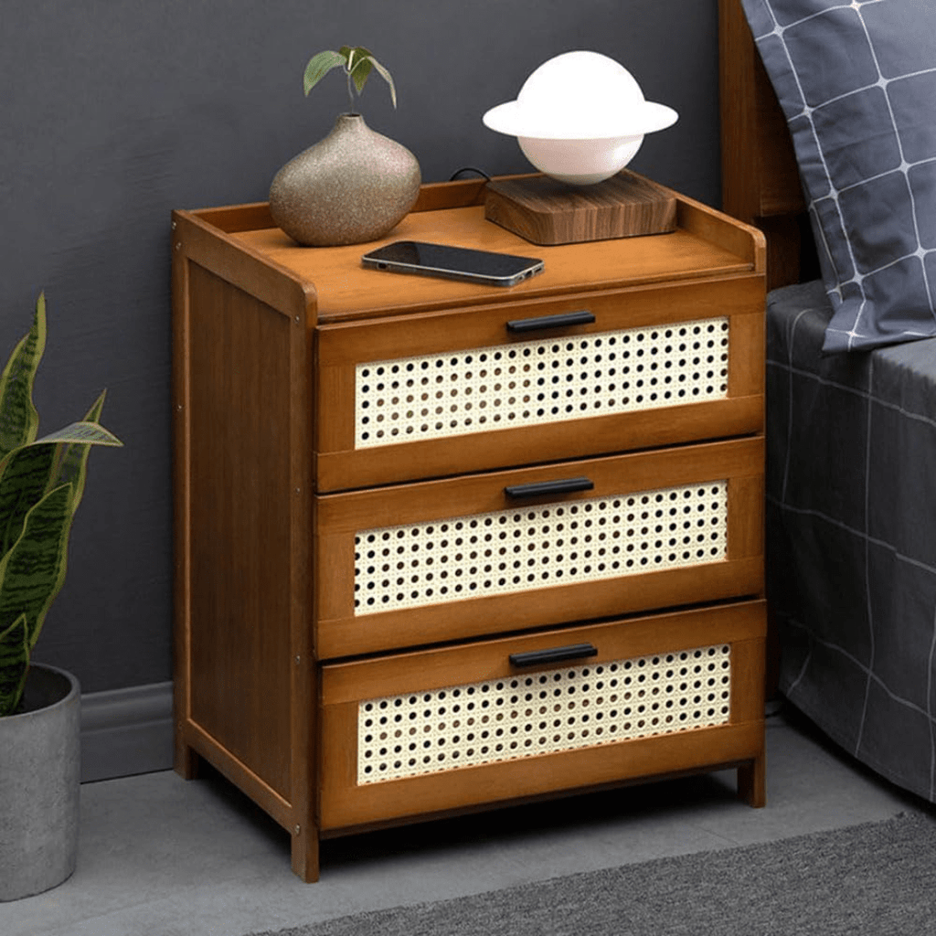 Bamboo Wood Bedside Table with Sliding Drawer & Rattan Cabinet (42cm)