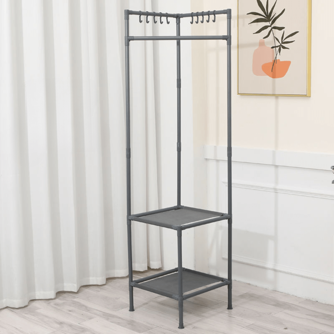 Multi-Functional Space Saving Corner Coat Rack with Shelf Storage