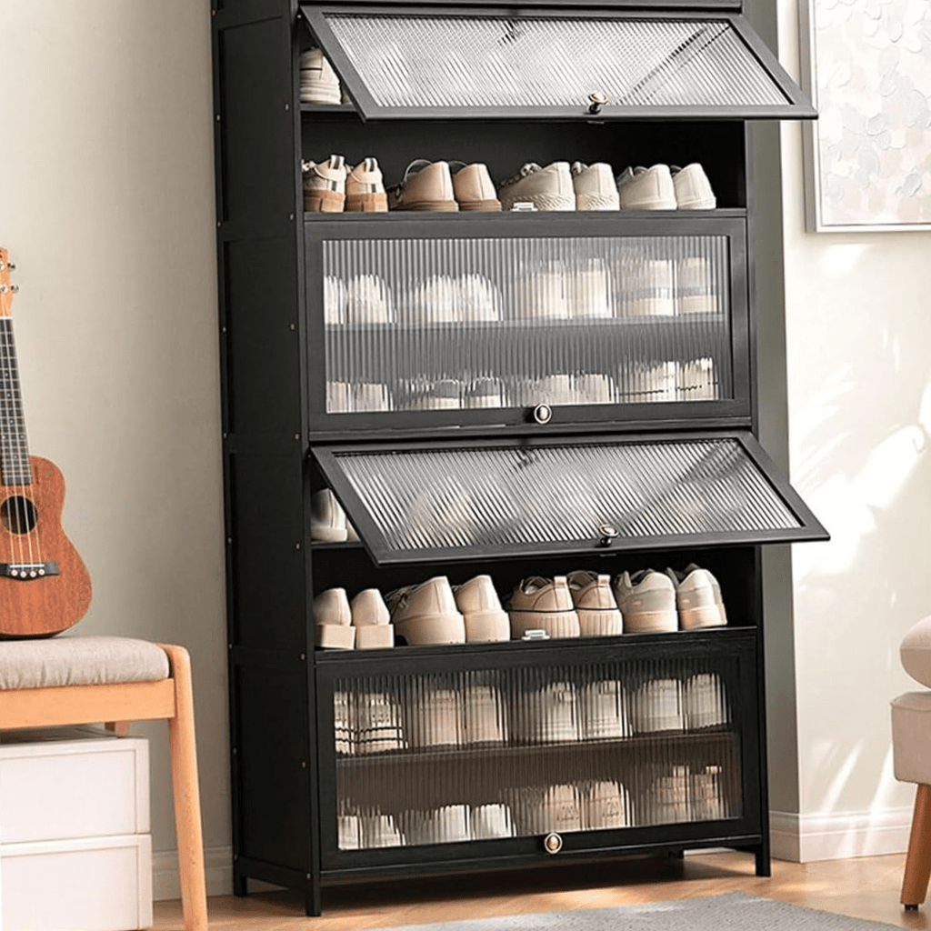 Multi-Tier Bamboo Shoe Rack with Transparent Flap Doors (Black-80cm)