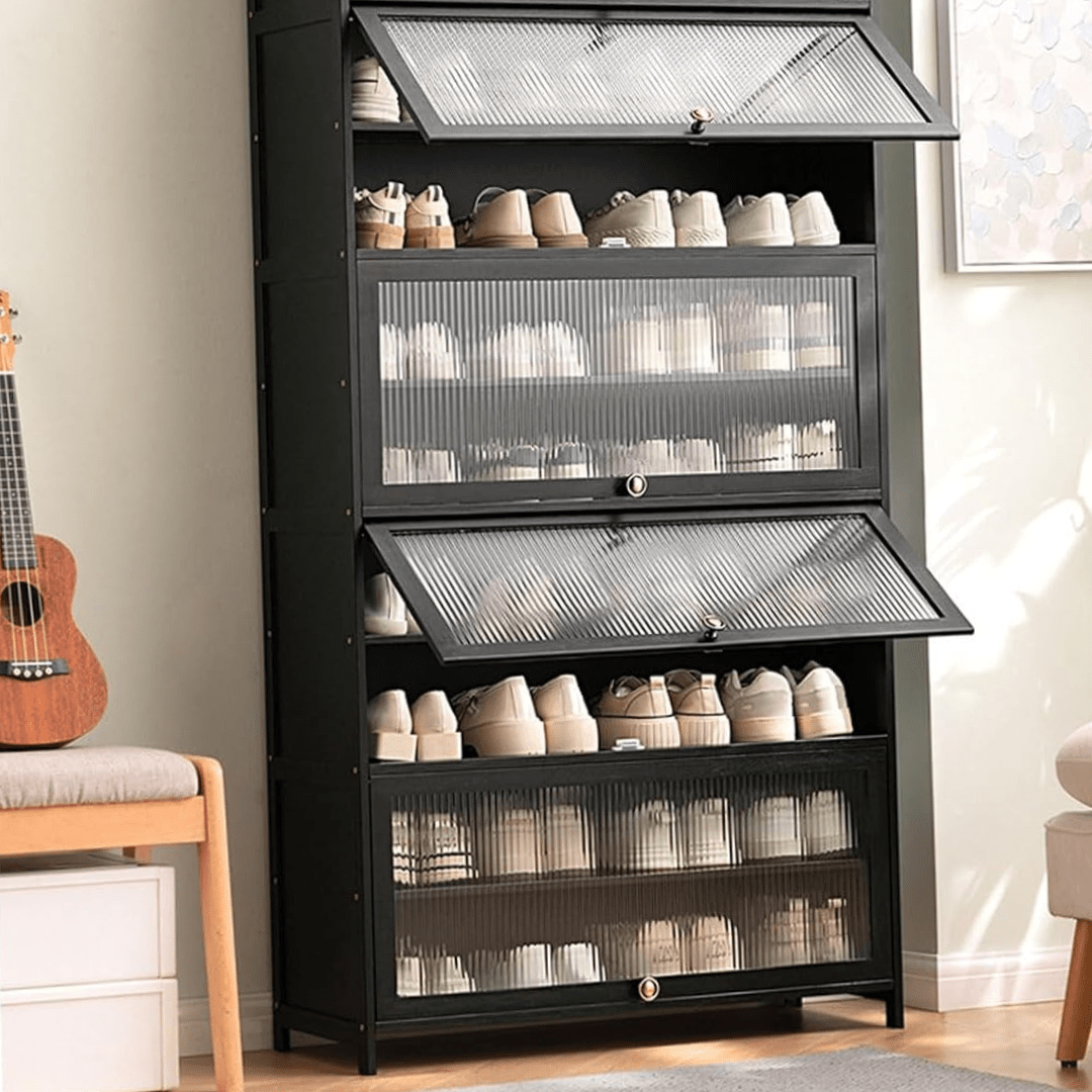 Multi-Tier Bamboo Shoe Rack with Transparent Flap Doors (Black-80cm)