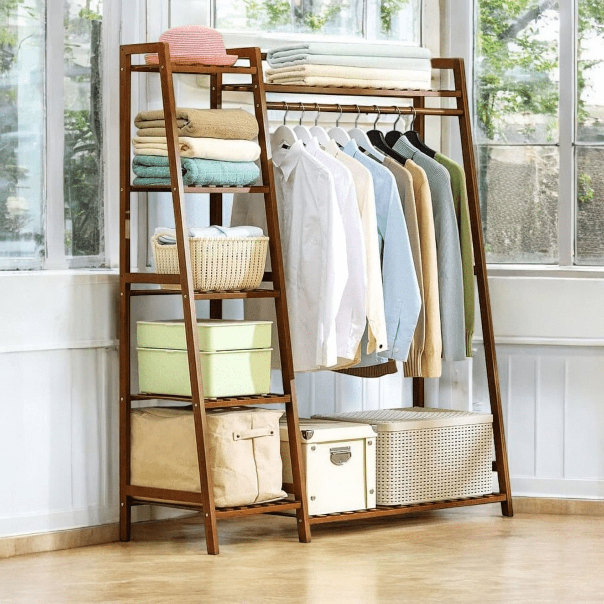 Multi-Functional Bamboo Clothing Rack with Shelves and Hanging Rod (110cm)