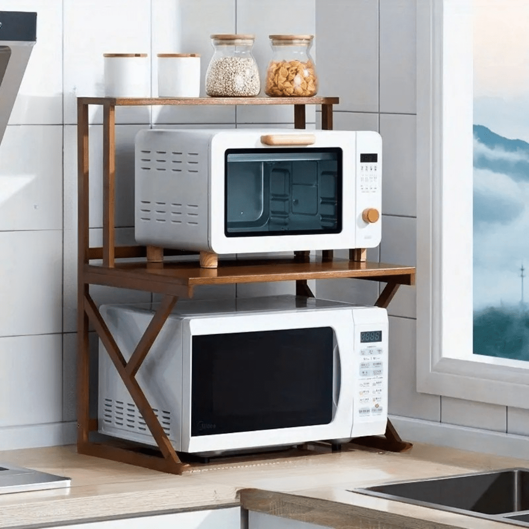 Multi-Tier Bamboo Microwave Oven Rack with Storage Hooks (53cm)