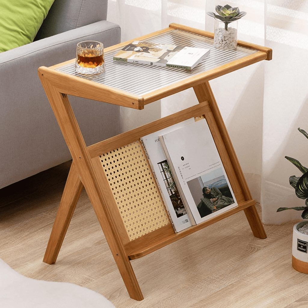 Modern Bamboo Side Table with Glass & Storage Shelf (55cm)