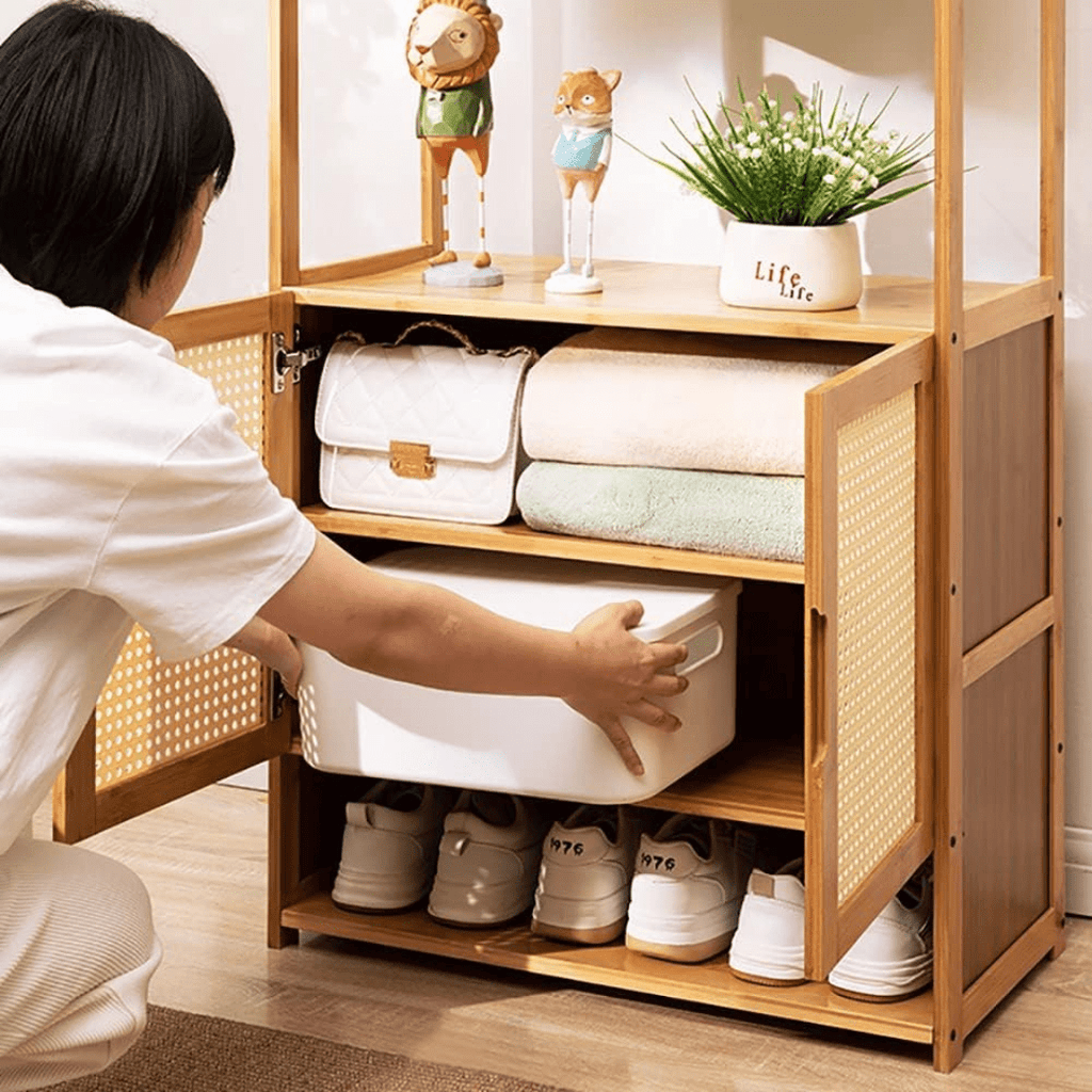Multi-Purpose Bamboo Wood Clothing Rack Organizer with Shoe Rack (Brown-62cm)