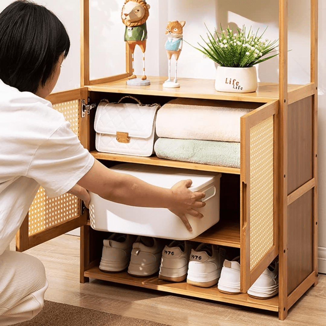 Multi-Purpose Bamboo Wood Clothing Rack Organizer with Shoe Rack (Brown-62cm)