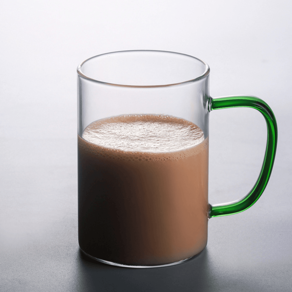 Multi-Purpose Transparent Borosilicate Glass Mug with Colorful Handle – 350ml