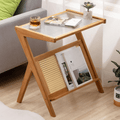 Modern Bamboo Side Table with Glass & Storage Shelf (Natural Wood-55cm)