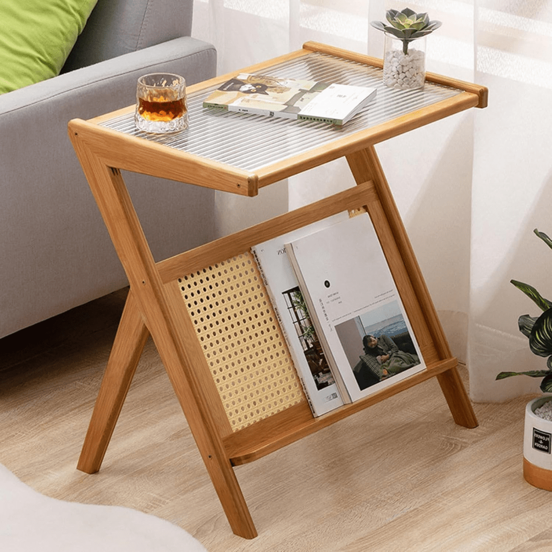 Modern Bamboo Side Table with Glass & Storage Shelf (Natural Wood-55cm)