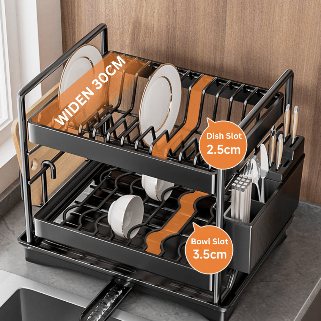 Multifunctional Carbon Steel Double Layer Dish Storage Rack with Cutlery Holder(40cm)