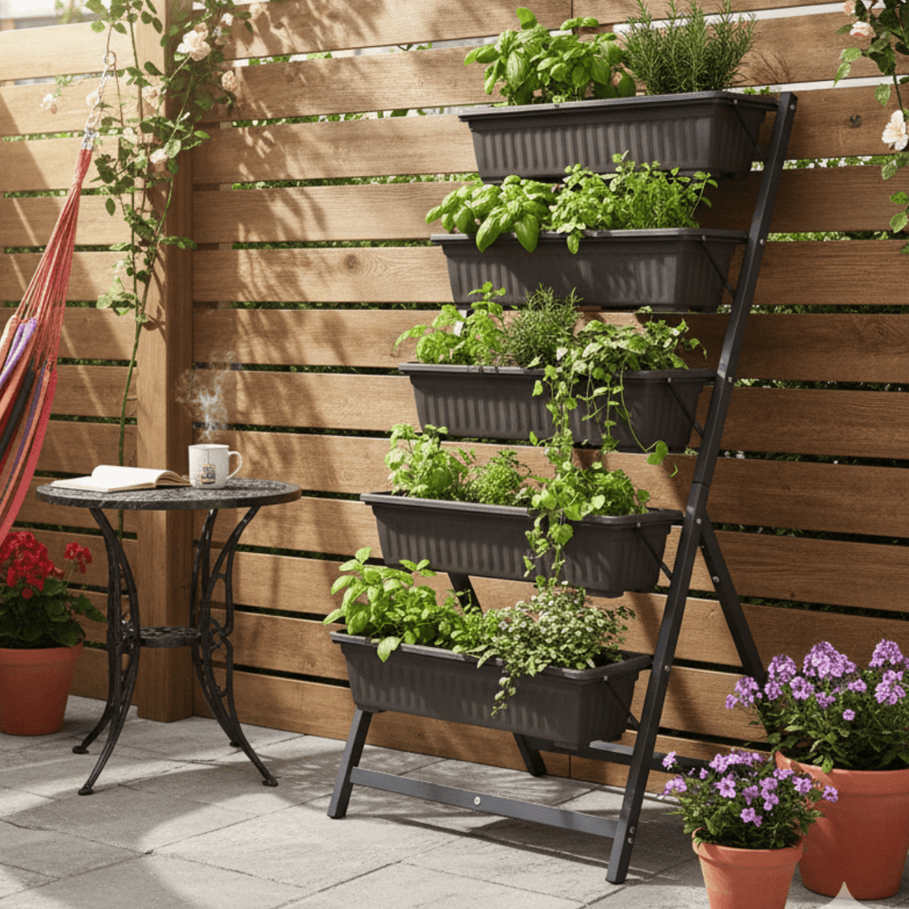 Five Layer Iron Vertical Plant Stand with Plastic Flower Pots