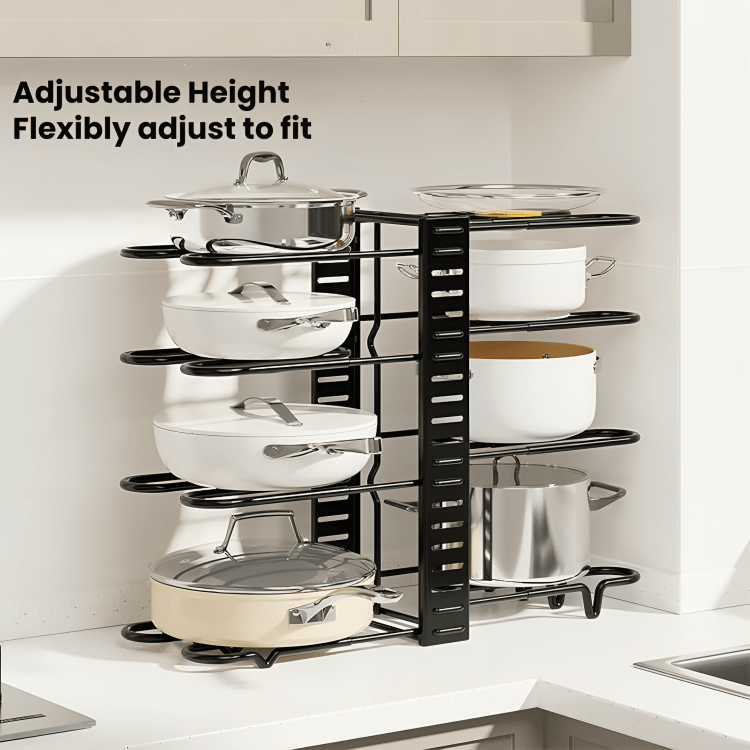 Premium Iron Cookware Organizer with 8 Adjustable Racks