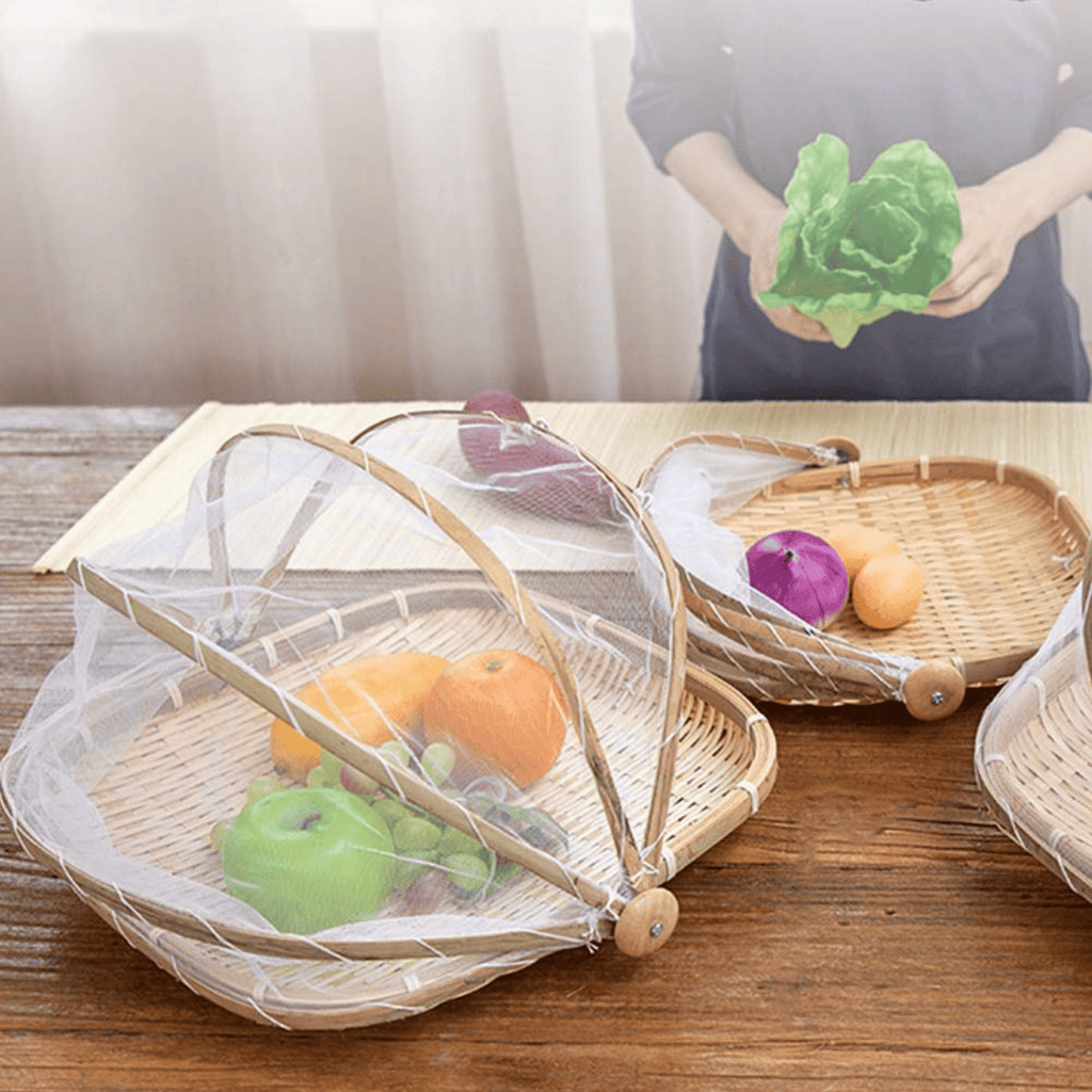 Multi-Purpose Handwoven Bamboo Basket with Mesh Food Cover