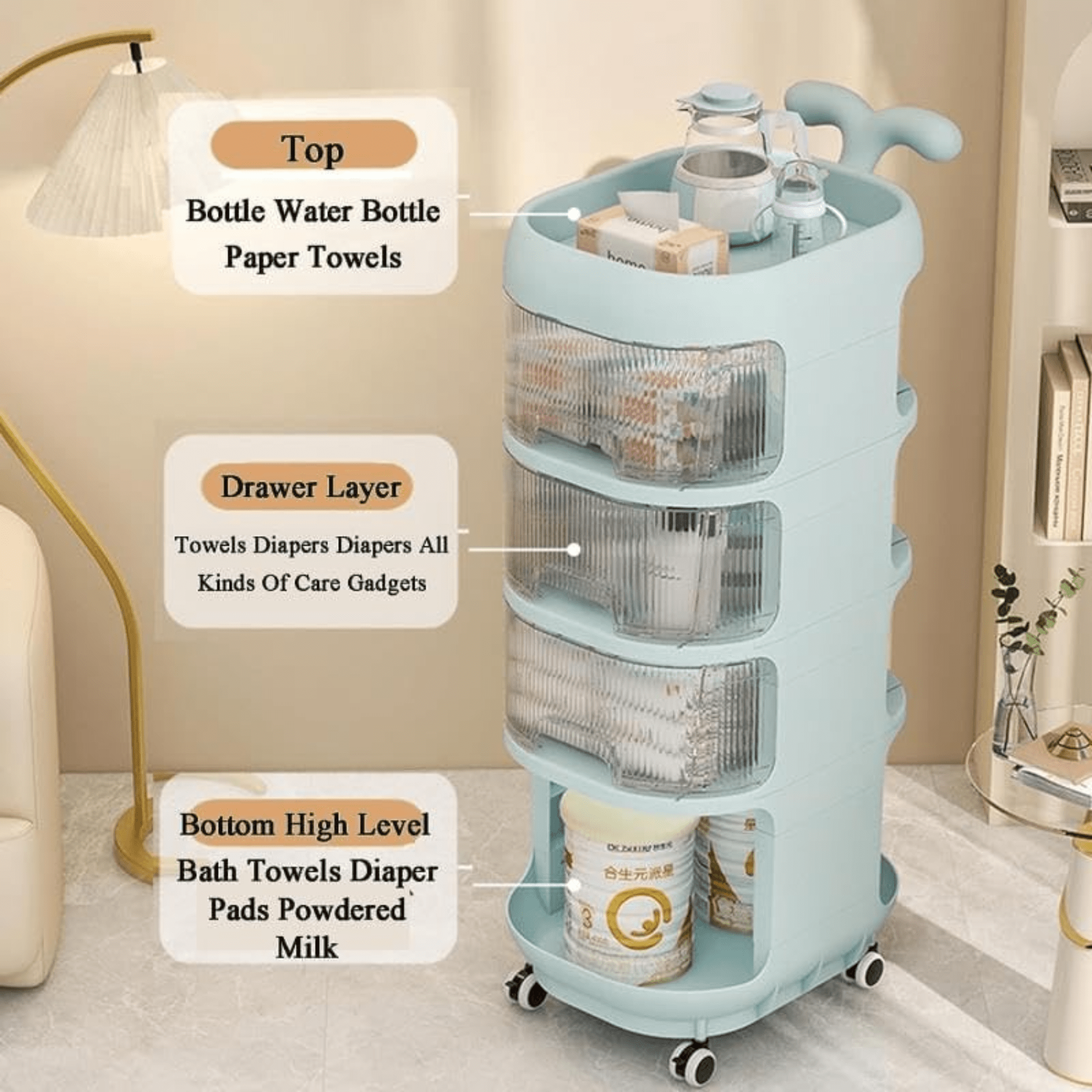 Multi-Layer Plastic Floor Storage Rack with Wheels (32cm)