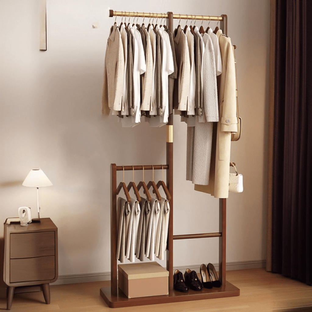 Multifunctional Solid Wood Floor Standing Coat Rack Organizer