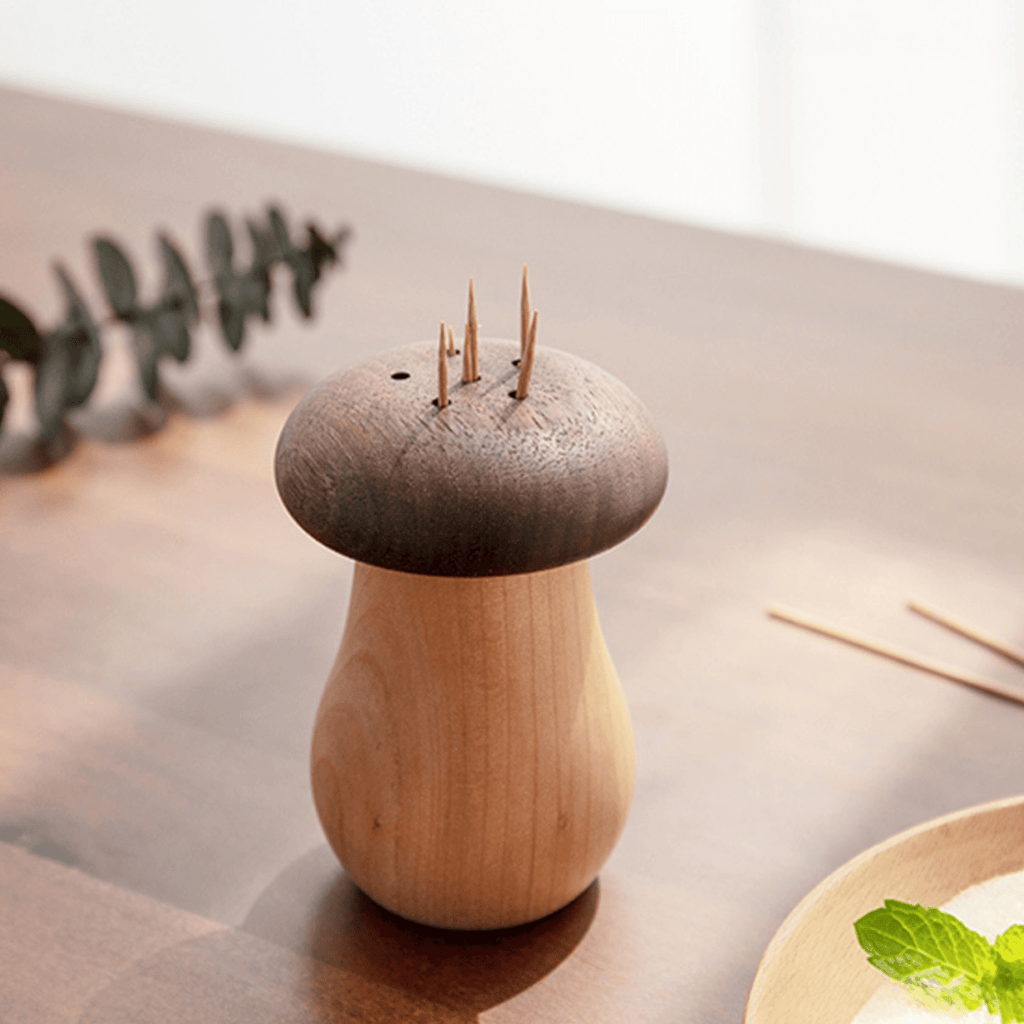 Natural Solid Wood Toothpick Case with Vintage Mushroom Top