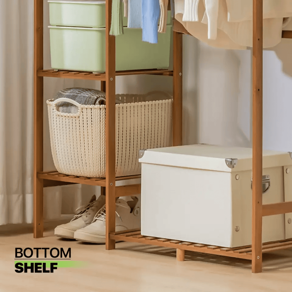 Multi-Functional Bamboo Clothes Rack with Hooks & Pants Storage (123cm)