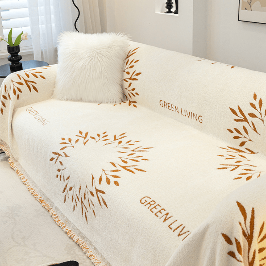 Minimal Leaf Print Rust Orange Elegance Chenille Sofa Cover