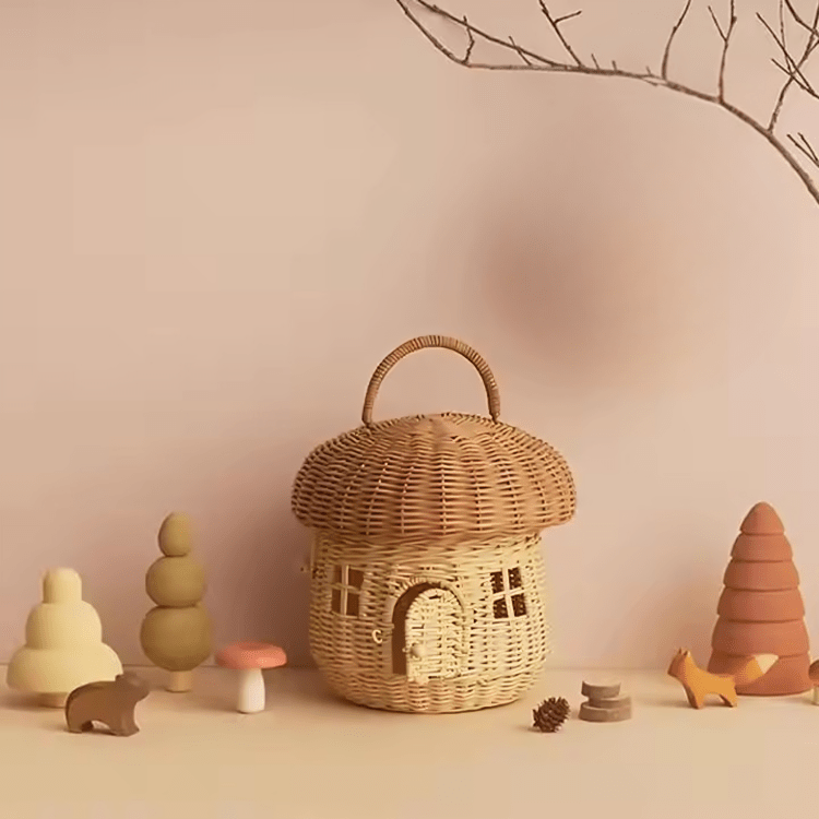Multi-Purpose Rattan Woven Mushroom Storage Basket with Lid