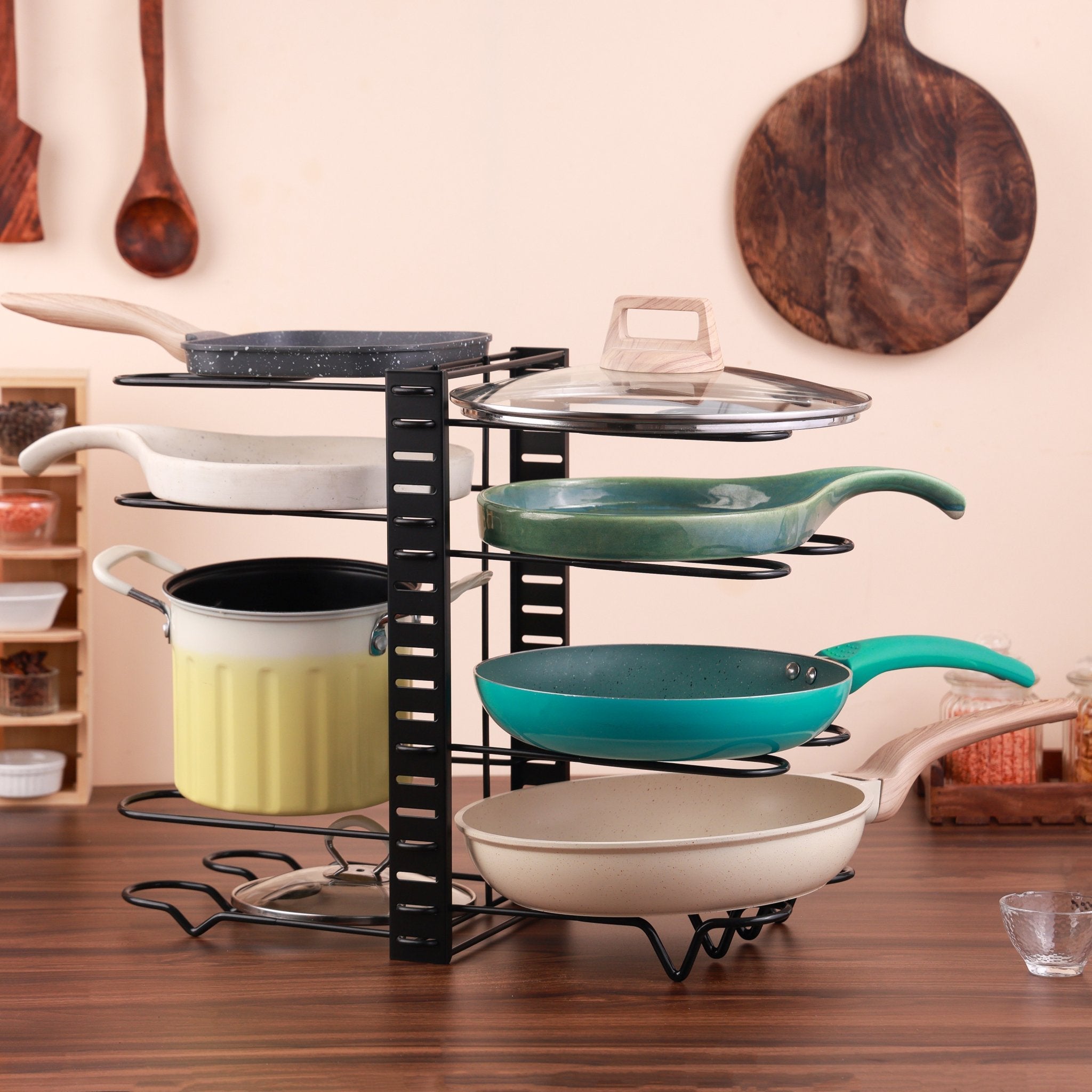 Premium Iron Cookware Organizer with 8 Adjustable Racks