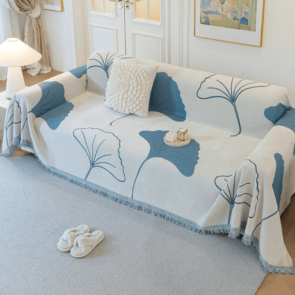 Ginkgo Leaf Print Blue Elegance Chenille Sofa Cover