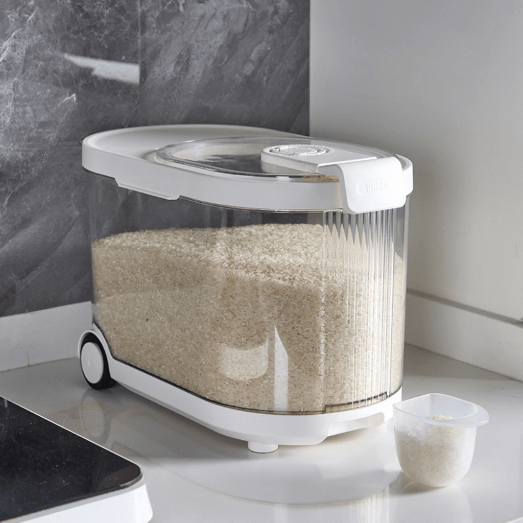Sealed Rice Storage Container with Measuring Cup & Wheels (11Kg)