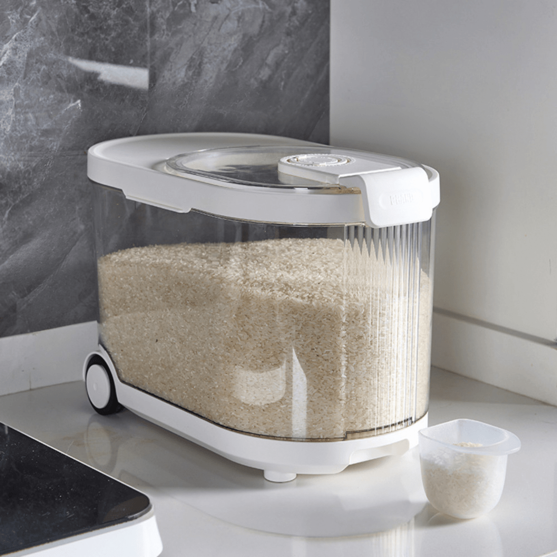 Sealed Rice Storage Container with Measuring Cup & Wheels (11Kg)