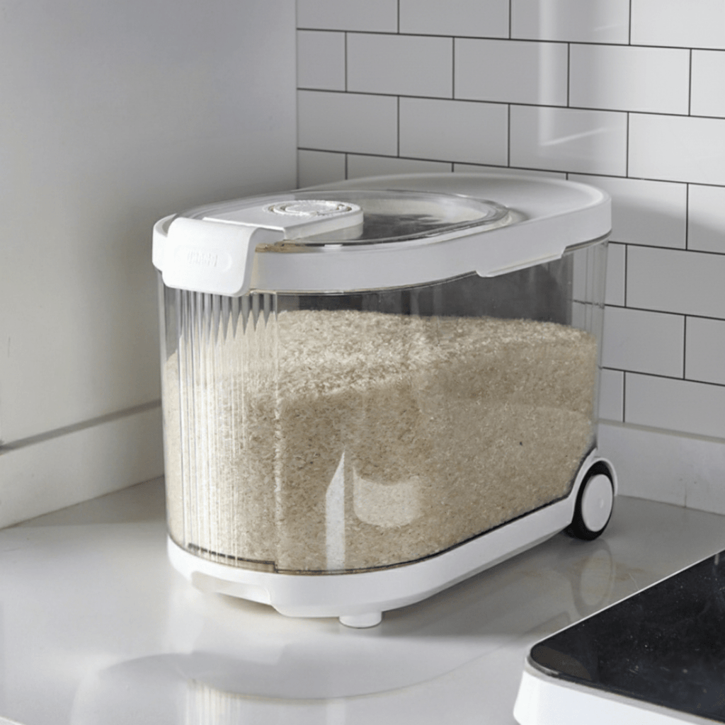 Sealed Rice Storage Container with Measuring Cup & Wheels (11Kg)