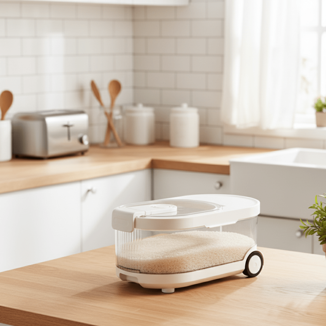 Sealed Rice Storage Container with Measuring Cup & Wheels(7Kg)