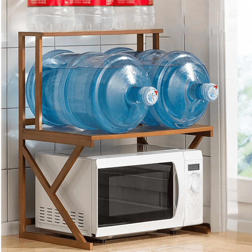 Multi-Tier Bamboo Microwave Oven Rack with Storage Hooks (53cm)