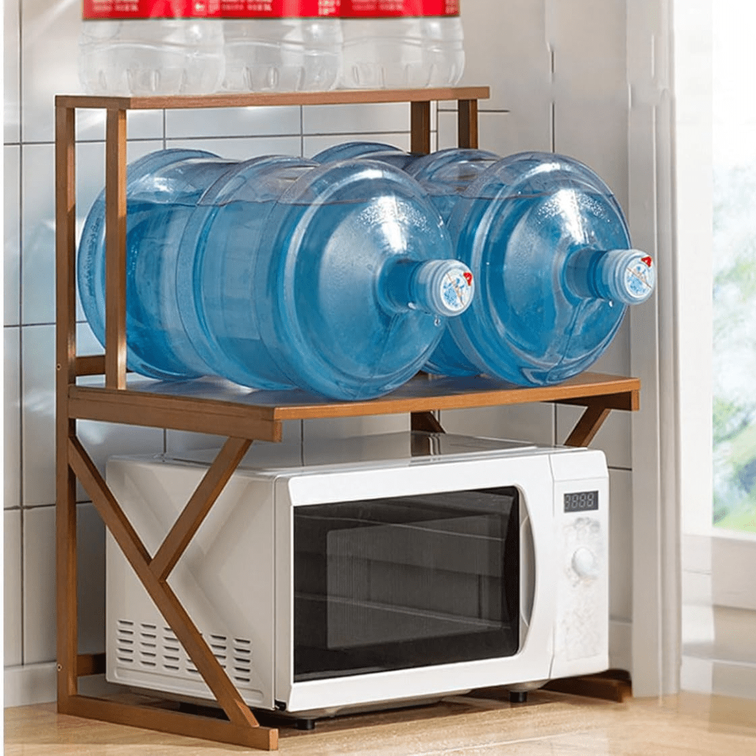 Multi-Tier Bamboo Microwave Oven Rack with Storage Hooks (53cm)