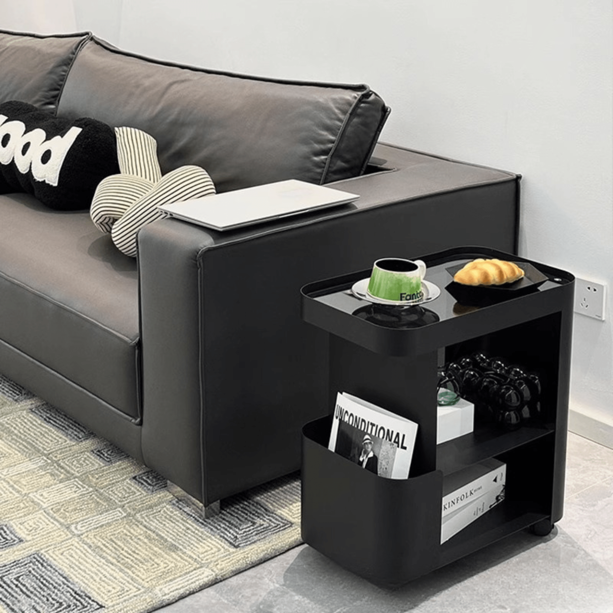 Multi-Functional 3-Tier Compact Bedside Table with Storage Shelves & Wheels