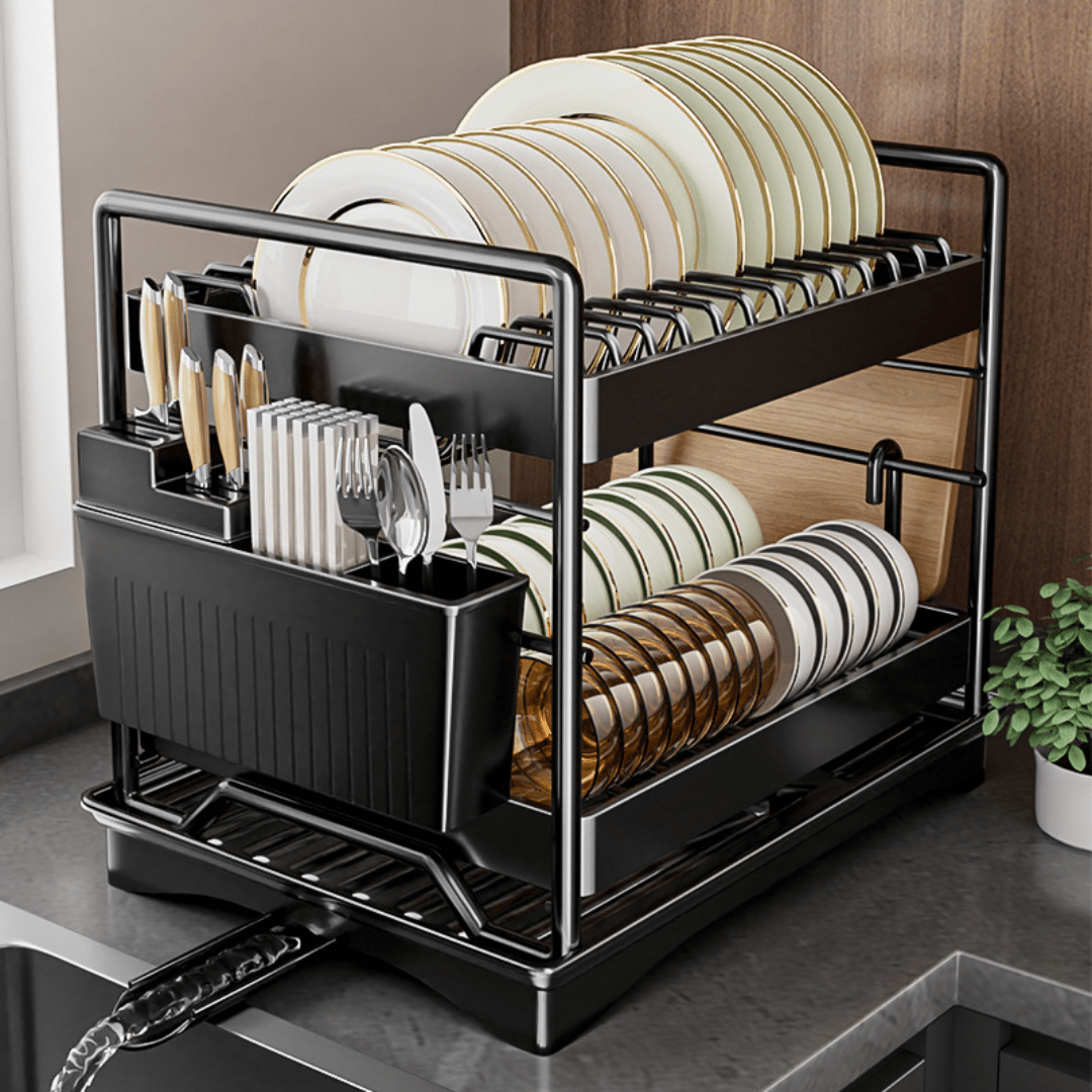 Multifunctional Carbon Steel Double Layer Dish Storage Rack with Cutlery Holder(40cm)