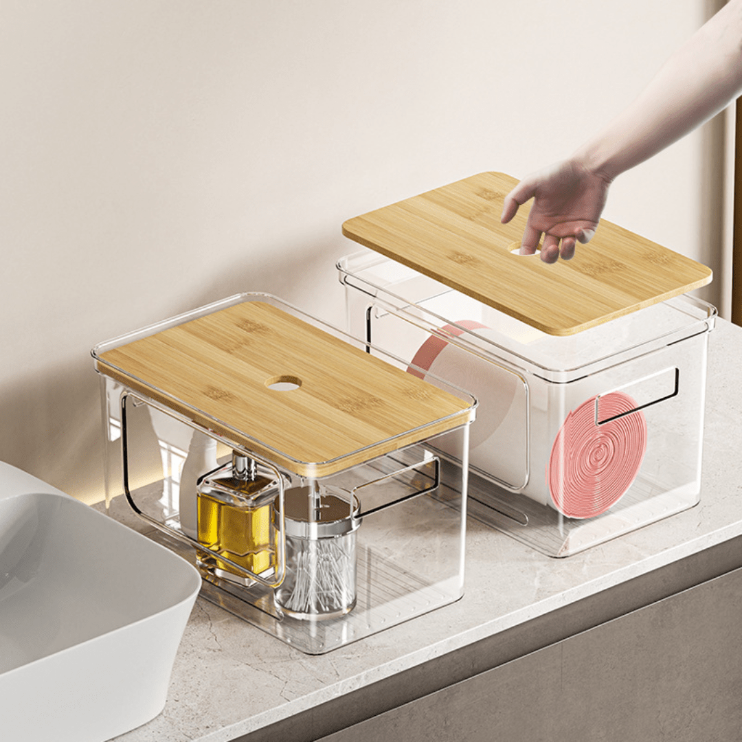 Multi-Purpose Transparent Storage Box with Bamboo Lid