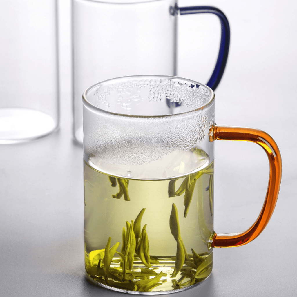 Multi-Purpose Transparent Borosilicate Glass Mug with Colorful Handle – 350ml
