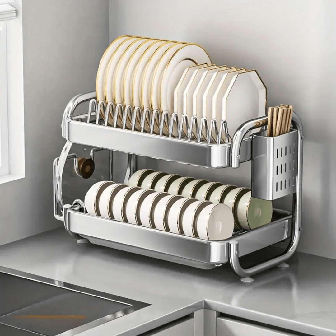 Multifunctional Stainless Steel Dish Rack with Cutlery and Cutting Board Holder(39cm)